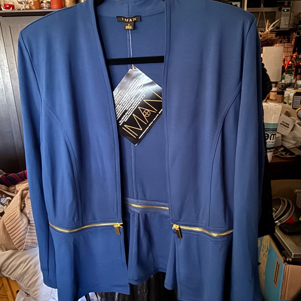 IMAN Women's Elegant Blue Blazer with Gold Zippers